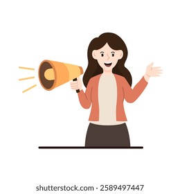 Product promotion woman vector illustration. Digital marketing character illustration. Career woman. Female content creator. woman holding a loudspeaker