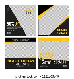 Product promotional black Friday social media post template bundle with discount text and brand materials in black and red design.