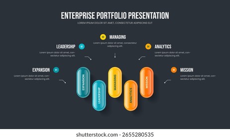 Propuesta de Producto Diseño de presentación de diapositivas infográficas de cinco elementos. Ilustración vectorial de Plantilla de presentación de innovación de mercado. Presentación general de la publicidad 5 Diagrama de opciones Diseño de diapositivas.