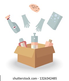 Product purchase concept: Detergents,washing powder,gloves and a sponge for cleaning house, office, restaurant, hotel are falling into the cardboard box on white background. Vector flat illustration