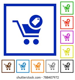 Product purchase features flat color icons in square frames on white background