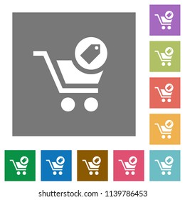 Product purchase features flat icons on simple color square backgrounds