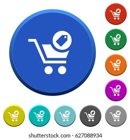 Product purchase features round color beveled buttons with smooth surfaces and flat white icons