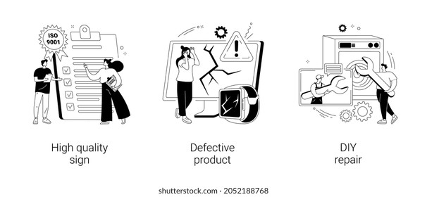 Product quality abstract concept vector illustration set. High quality sign, defective product, DIY repair, ISO certification, broken equipment, repair manual, video tutorial abstract metaphor.