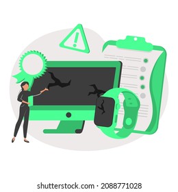Ilustración vectorial de concepto abstracto de calidad de producto. Señal de alta calidad, producto defectuoso, reparación DIY, certificación ISO, equipo roto, manual de reparación, metáfora abstracta de video tutorial.