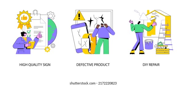 Product quality abstract concept vector illustration set. High quality sign, defective product, DIY repair, ISO certification, broken equipment, repair manual, video tutorial abstract metaphor.