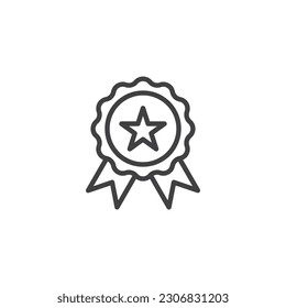 Product quality badge line icon. linear style sign for mobile concept and web design. Award badge with star outline vector icon. Symbol, logo illustration. Vector graphics
