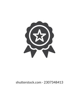 Product quality badge vector icon. filled flat sign for mobile concept and web design. Award badge with star glyph icon. Symbol, logo illustration. Vector graphics