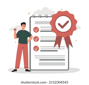 Product quality concept. Man checks product in accordance with requirements. Evaluation of goods of organization or company. Employee next to notebook with rules. Cartoon flat vector illustration