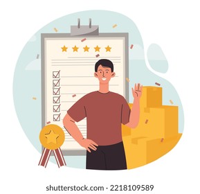 Concepto de calidad del producto. El hombre evalúa los bienes o servicios. Premio, método moderno de marketing, retroalimentación. Clasificación y clasificación, joven controlador. Afiche o pancarta. Dibujo vectorial plano de dibujos animados