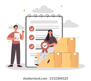 Product quality concept. Man and girl sleep mark to goods and boxes. Employees evaluate product, check its compliance with rules, quality control and inspection. Cartoon flat vector illustration