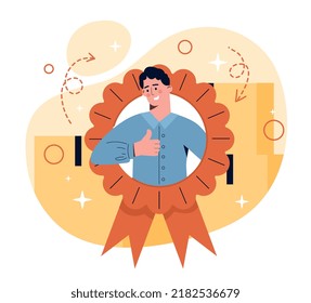 Product quality concept. Man shows big guy in brand. Rating and ranking of goods, customer feedback and communication. Users opinion on internet, label and mark. Cartoon flat vector illustration