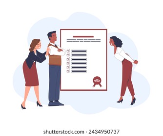 Product quality concept. Man and women near list of guarantee. Check of factory and business. Certificate and document. Cartoon flat vector illustraton isolated on white background