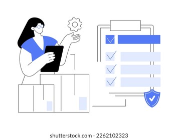 Ilustración vectorial de concepto abstracto de control de calidad de producto. Norma de seguridad del producto, comentarios del cliente, certificado de garantía, línea de producción, éxito del negocio, metáfora abstracta de inspección.