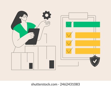 Produkt Qualitätskontrolle abstraktes Konzept Vektorillustration. Produkt-Sicherheitsstandard, Kunde-Rückmeldung, Garantie-Zertifikat, Produktionslinie, Geschäftserfolg, Inspektion abstrakte Metapher.