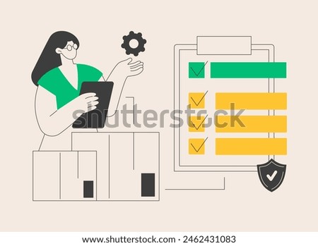 Product quality control abstract concept vector illustration. Product safety standard, customer feedback, warranty certificate, production line, business success, inspection abstract metaphor.