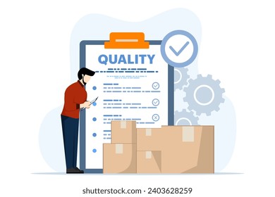 Product quality control concept, people check product quality with established standards. inspection or testing procedures that focus on meeting requirements. Modern flat vector illustration.