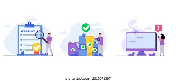 Control de calidad del producto, pruebas de productos defectuosas y control de seguridad. Ilustración vectorial.
