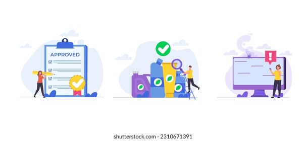 Control de calidad del producto, pruebas de productos defectuosas y control de seguridad. Ilustración vectorial.
