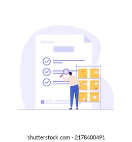 Product quality control illustration. Concept of product guarantee, service quality. Man checking certificate. Employee inspecting boxes. Vector illustration in flat design for web banner, UI