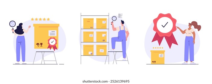 Product quality control illustration. Concept of product guarantee, service quality. People check certificate. Employees inspecting boxes. Vector illustration in flat design for web banner, UI
