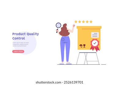 Product quality control illustration. Concept of product guarantee, service quality. People check certificate. Employees inspecting boxes. Vector illustration in flat design for web banner, UI