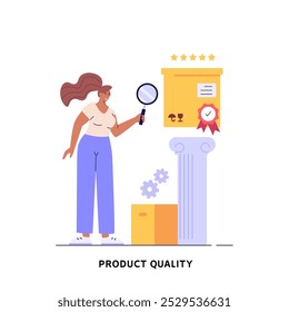 Product quality control illustration. Concept of product guarantee, service quality. People check certificate. Employees inspecting boxes. Vector illustration in flat design for web banner, UI
