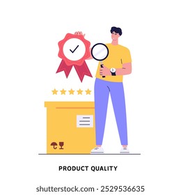 Ilustración de control de calidad de Producto. Concepto de garantía del producto, calidad del servicio. Certificado de comprobación de Personas. Empleados inspeccionando cajas. Ilustración vectorial en diseño plano para Anuncio de Web, UI