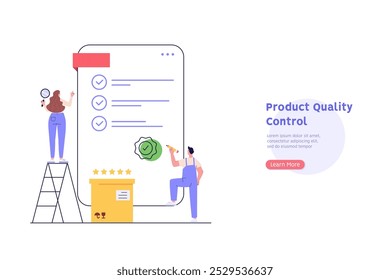 Product quality control illustration. Concept of product guarantee, service quality. People check certificate. Employees inspecting boxes. Vector illustration in flat design for web banner, UI