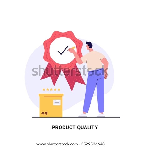 Product quality control illustration. Concept of product guarantee, service quality. People check certificate. Employees inspecting boxes. Vector illustration in flat design for web banner, UI