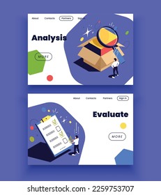 Product quality control isometric landing pages with information about analysis and evaluation vector illustration