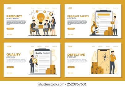 Control de calidad del producto Concepto de Plantilla de página de aterrizaje Desarrollo de productos, seguridad, calidad, conjunto defectuoso 