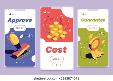 Product quality control mobile app design concept depicting approve cost guarantee steps vector illustration