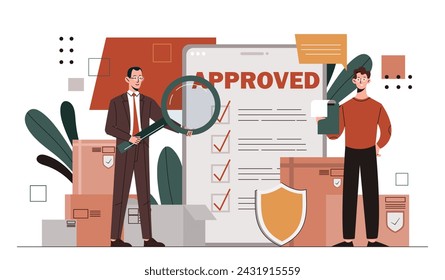 Product quality control. Two men with magnifying glass near document with regulations. Guarante and approving, certificate for goods. Cartoon flat vector illustration isolated on white background
