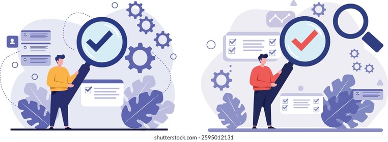 Product Quality Control Vector. Inspector with magnifying glass checks checklist. Business process, verification