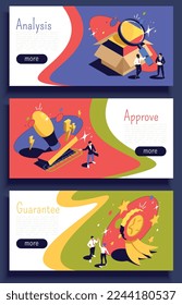 Product quality control web banners depicting information about analysis approve guarantee isometric vector illustration
