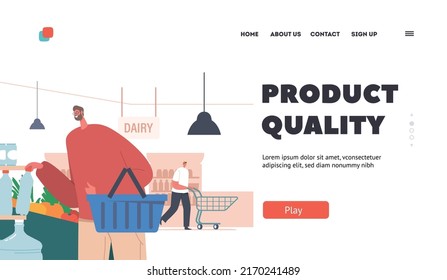 Product Quality Landing Page Template. Man Visiting Supermarket or Grocery, Customer Male Character Choose Production on Shop Shelf with Different Types of Products. Cartoon People Vector Illustration