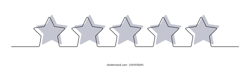 Product quality rating or customer review with five grey stars with black continuous line vector illustration. Assessment linear symbols for critic feedback service, evaluation survey, mobil app.