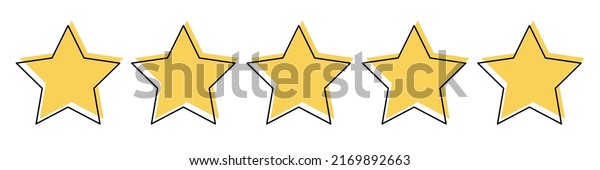 Product\
quality rating or customer review with five yellow stars with black\
line vector illustration. Assessment linear symbols for critic\
feedback service, evaluation survey, mobil\
app.