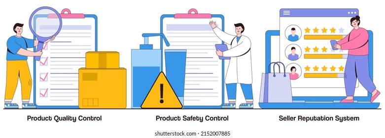 Product quality and safety control, seller reputation system concept with tiny people. Customer satisfaction vector illustration set. Customer feedback, warranty certificate, shop rating metaphor.