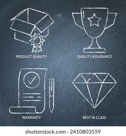 Product quality and warranty icon set on chalkboard. Vector illustration.