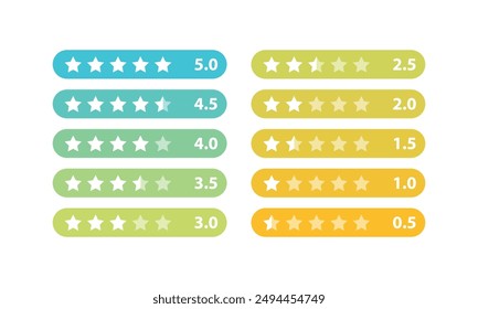 Product rating or customer review from 5 star to .5 star with colorful button set collection. Feedback, rating, scoring, survey, customer service, meter, voting graphics for website, application