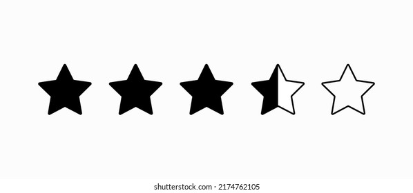 Product rating or customer review with black stars and half star flat vector icons for apps and websites.
