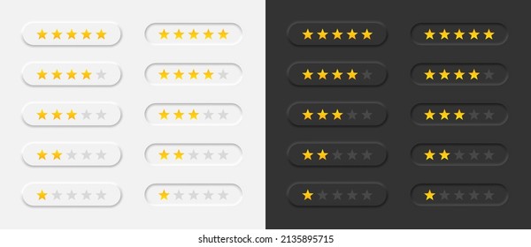 Product rating or customer review with gold stars for apps and websites. Rating stars scale on light and dark background in neumorphism style Vector EPS 10