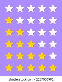 Product rating or customer review with gold stars for apps and websites. Big set of rating review stars from 1 of 5 star to 5 of 5 stars. User reviews on the Internet. Vector illustration.
