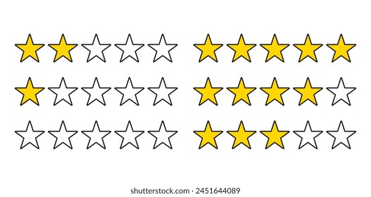 Product rating or customer review with gold stars set collection. Graphic symbol flat design interface illustration elements for app ui ux web banner button vector isolated on white background