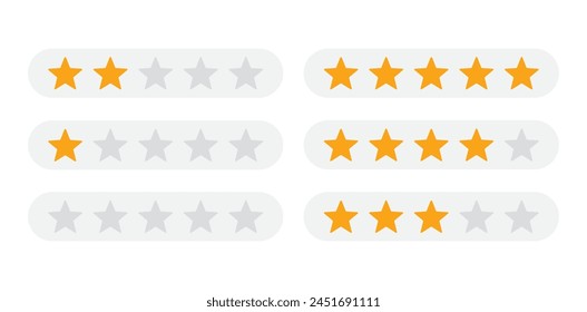 Product rating or customer review with gold stars set collection. Graphic symbol flat design interface illustration elements for app ui ux web banner button vector isolated on white background