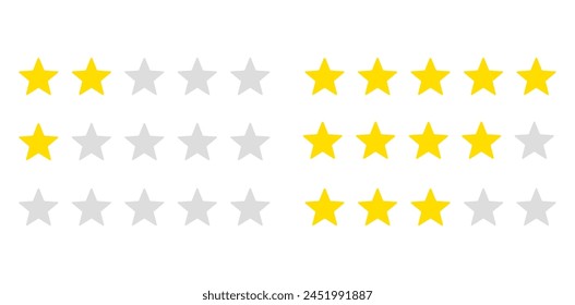 Product rating or customer review with gold stars set collection. Graphic symbol flat design interface illustration elements for app ui ux web banner button vector isolated on white background