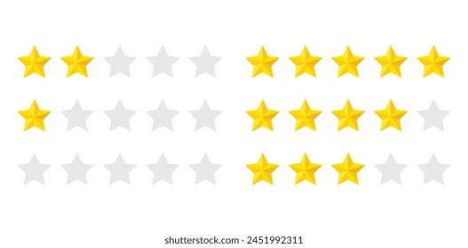 Product rating or customer review with gold stars set collection. Graphic symbol flat design interface illustration elements for app ui ux web banner button vector isolated on white background