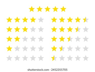 Product rating or customer review with gold stars set collection. Graphic symbol flat design interface illustration elements for app ui ux web banner button vector isolated on white background